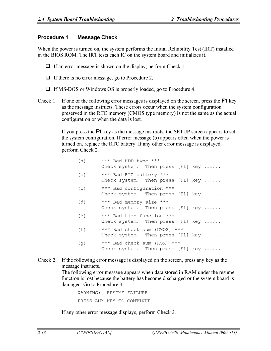 Toshiba QOSMIO G20 manual System Board Troubleshooting Troubleshooting Procedures, Procedure 1 Message Check 