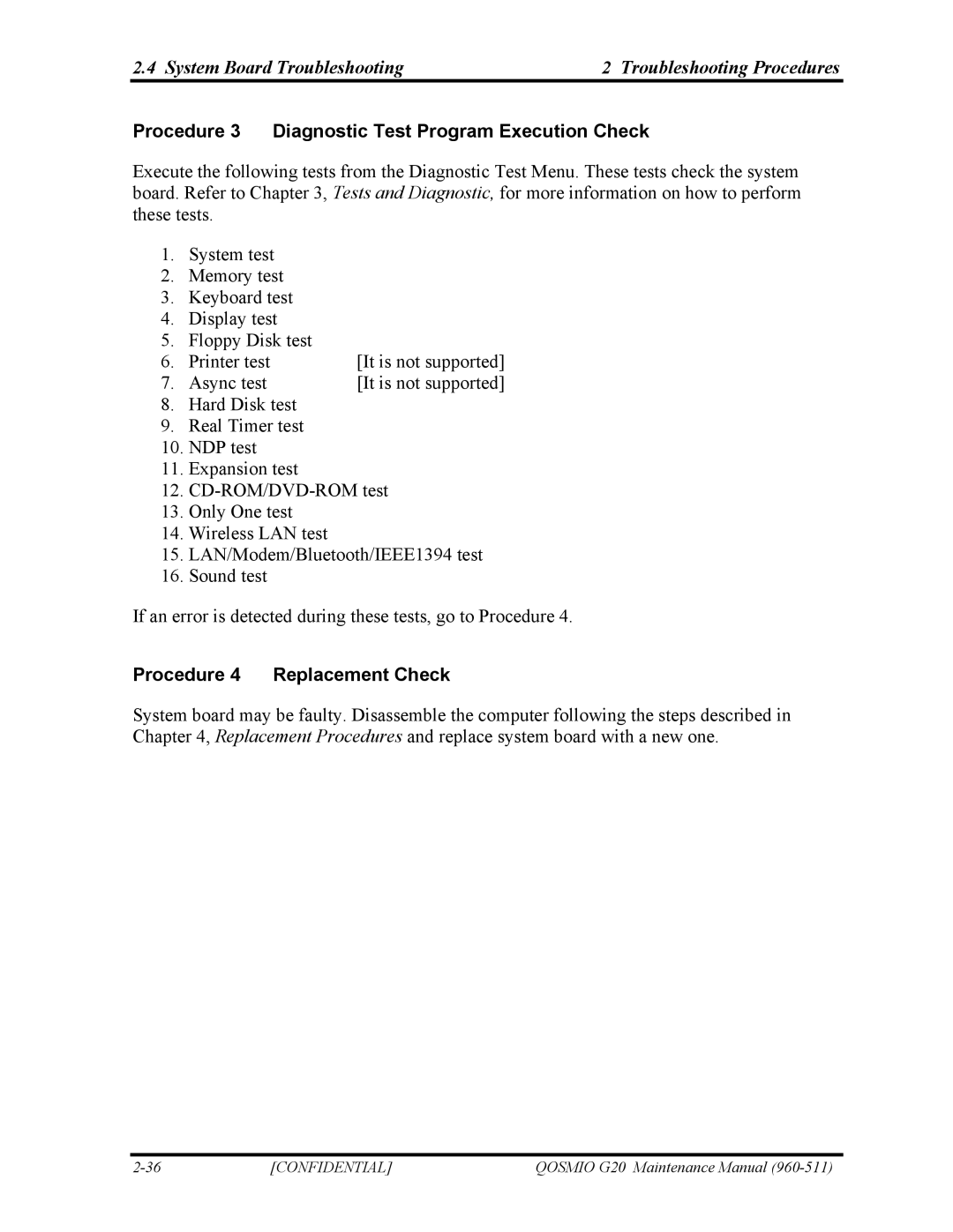 Toshiba QOSMIO G20 manual Procedure 3 Diagnostic Test Program Execution Check, Procedure 4 Replacement Check 