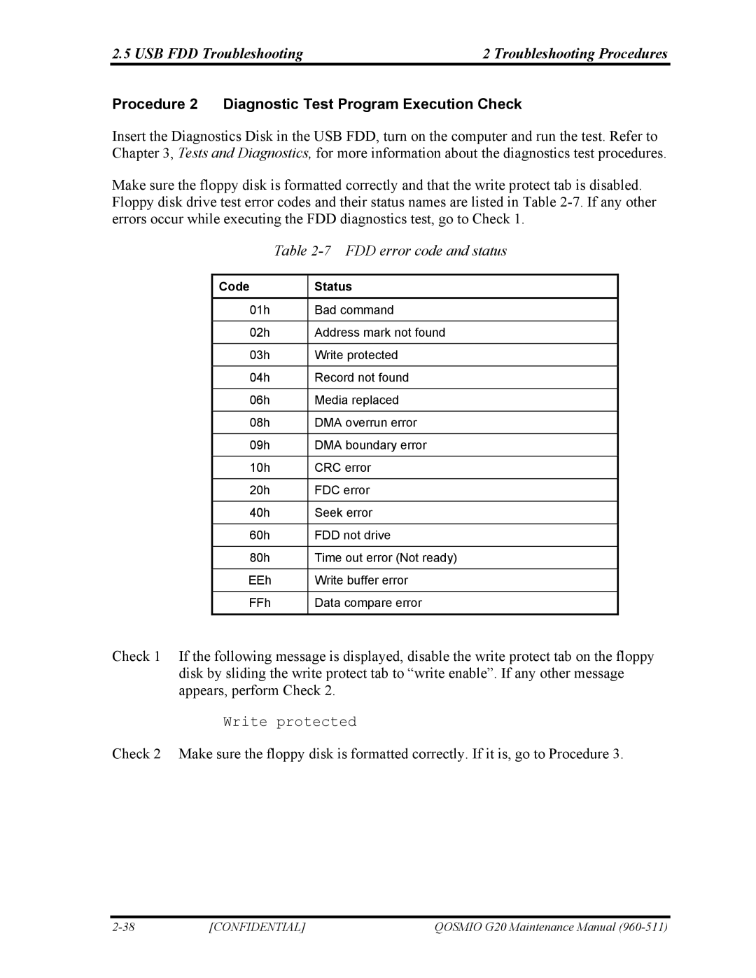 Toshiba QOSMIO G20 manual USB FDD Troubleshooting Troubleshooting Procedures, FDD error code and status, Code Status 