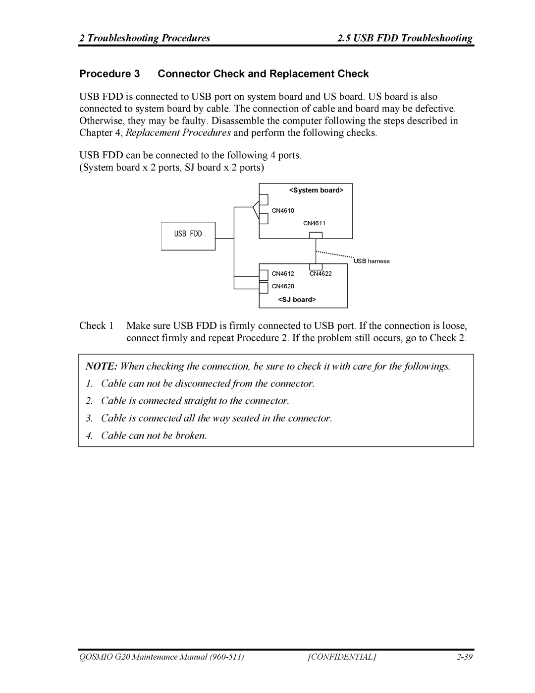 Toshiba QOSMIO G20 manual Procedure 3 Connector Check and Replacement Check 