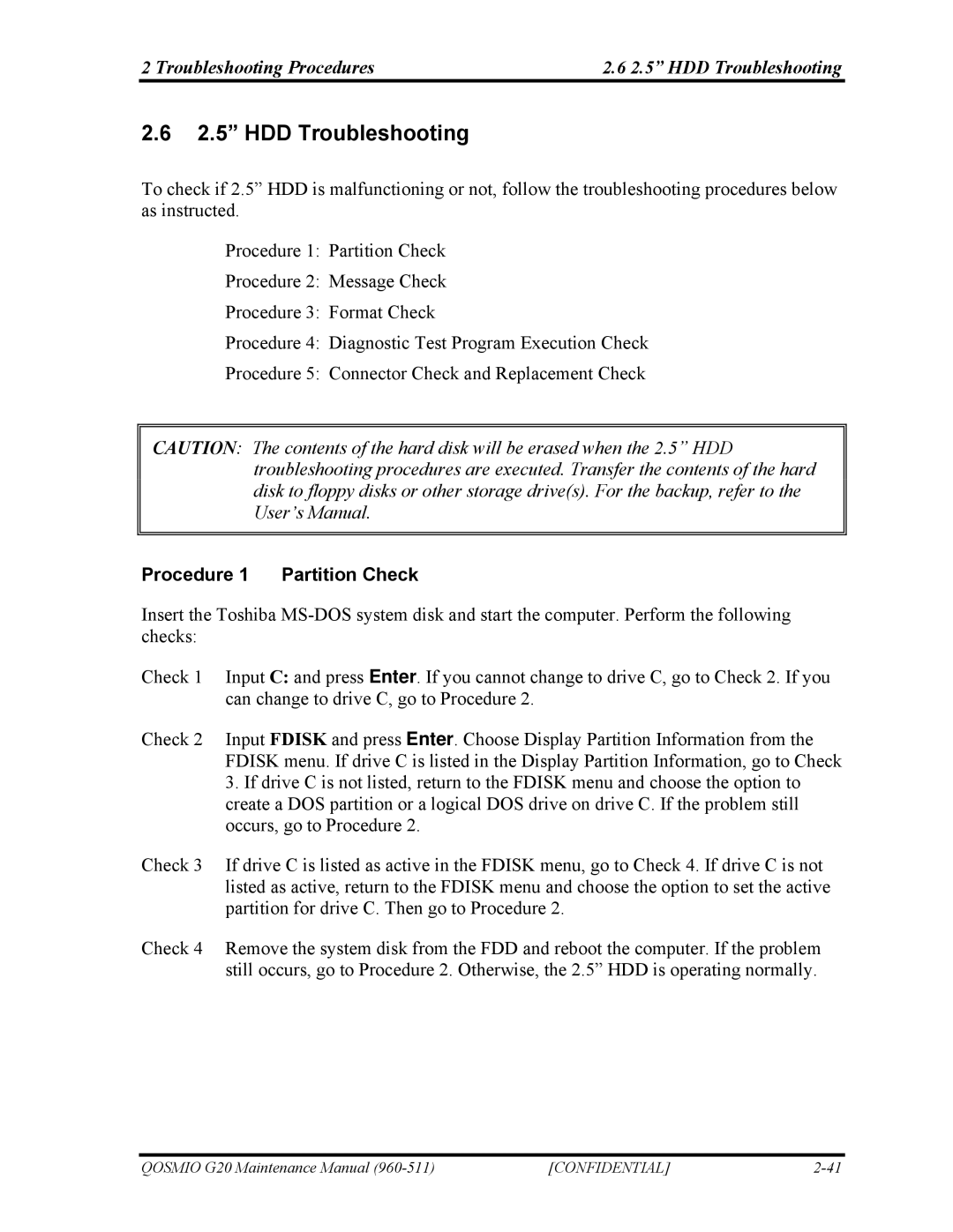 Toshiba QOSMIO G20 manual Troubleshooting Procedures 2.5 HDD Troubleshooting, Procedure 1 Partition Check 