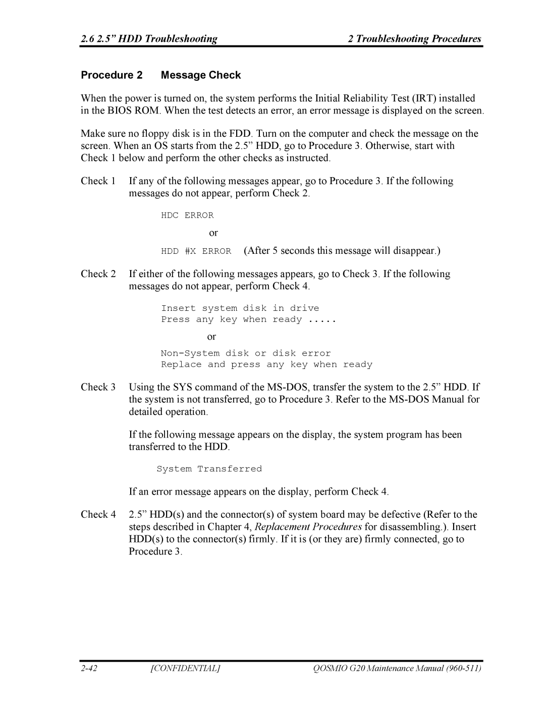 Toshiba QOSMIO G20 manual HDD Troubleshooting Troubleshooting Procedures, Procedure 2 Message Check 
