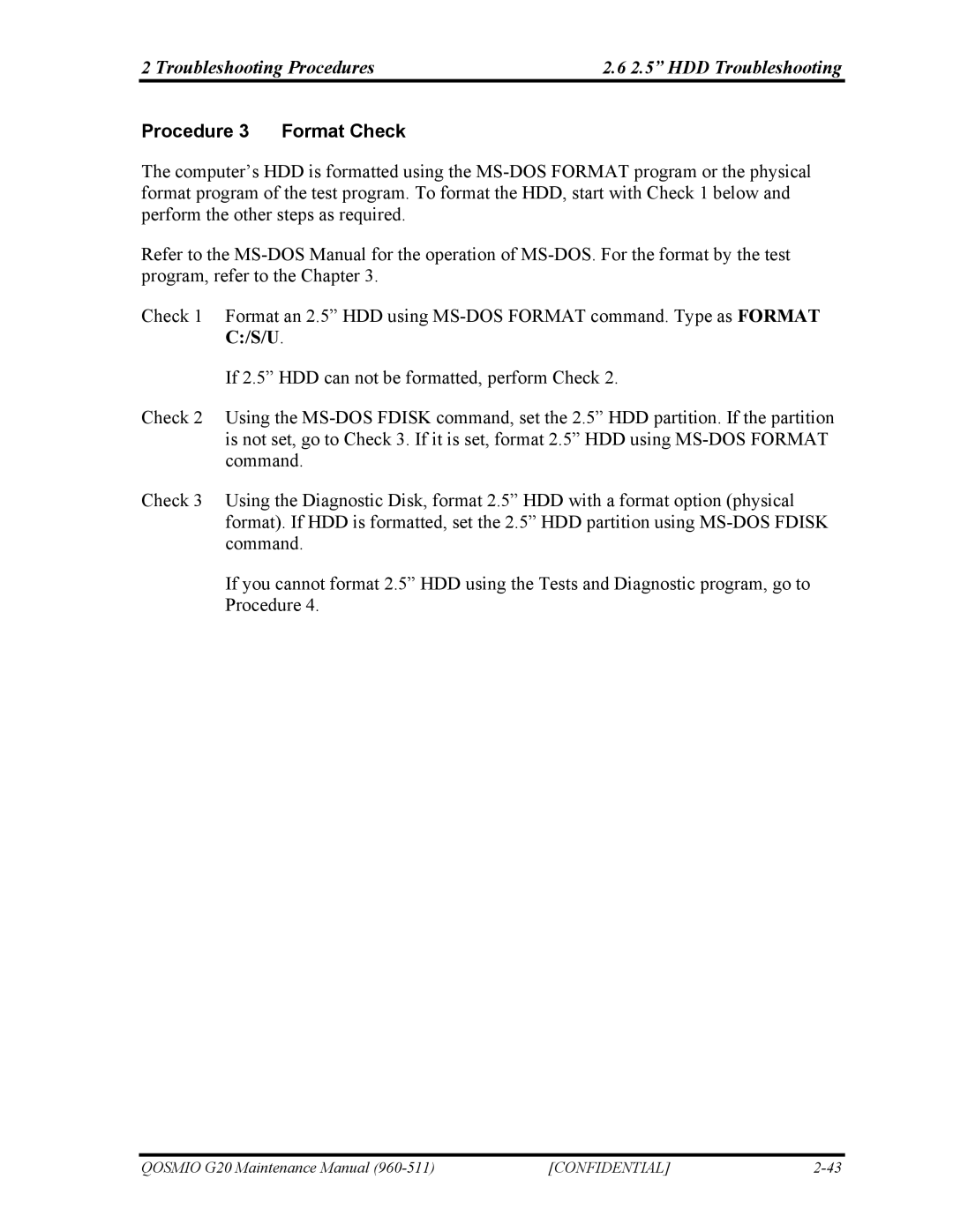 Toshiba QOSMIO G20 manual Procedure 3 Format Check 