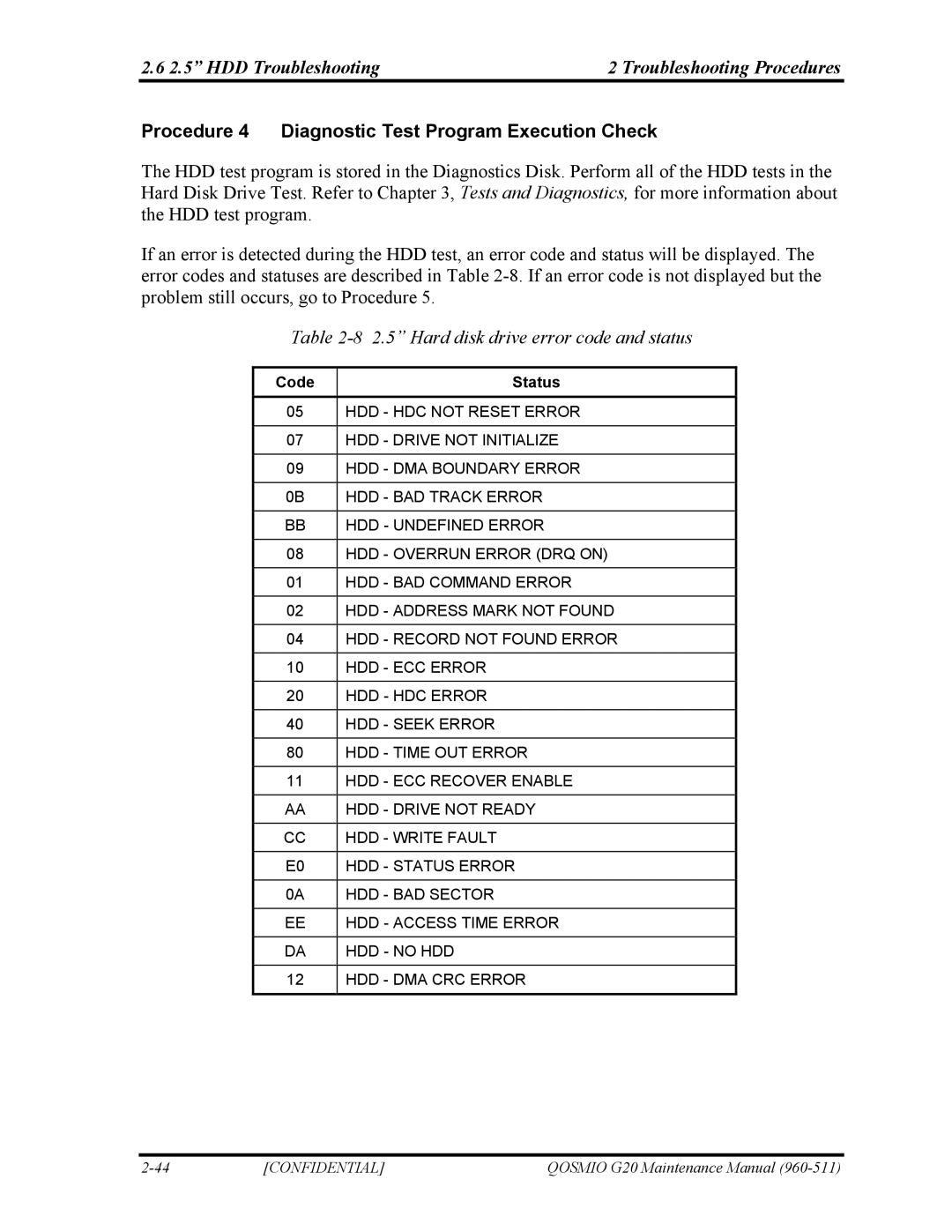 Toshiba QOSMIO G20 manual Procedure 4 Diagnostic Test Program Execution Check, Hard disk drive error code and status 