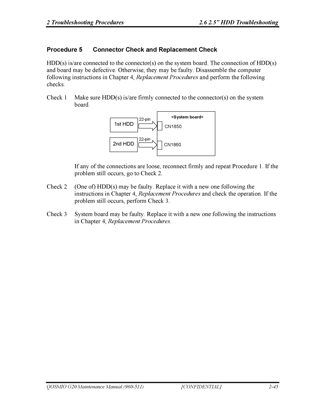 Toshiba QOSMIO G20 manual Procedure 5 Connector Check and Replacement Check 