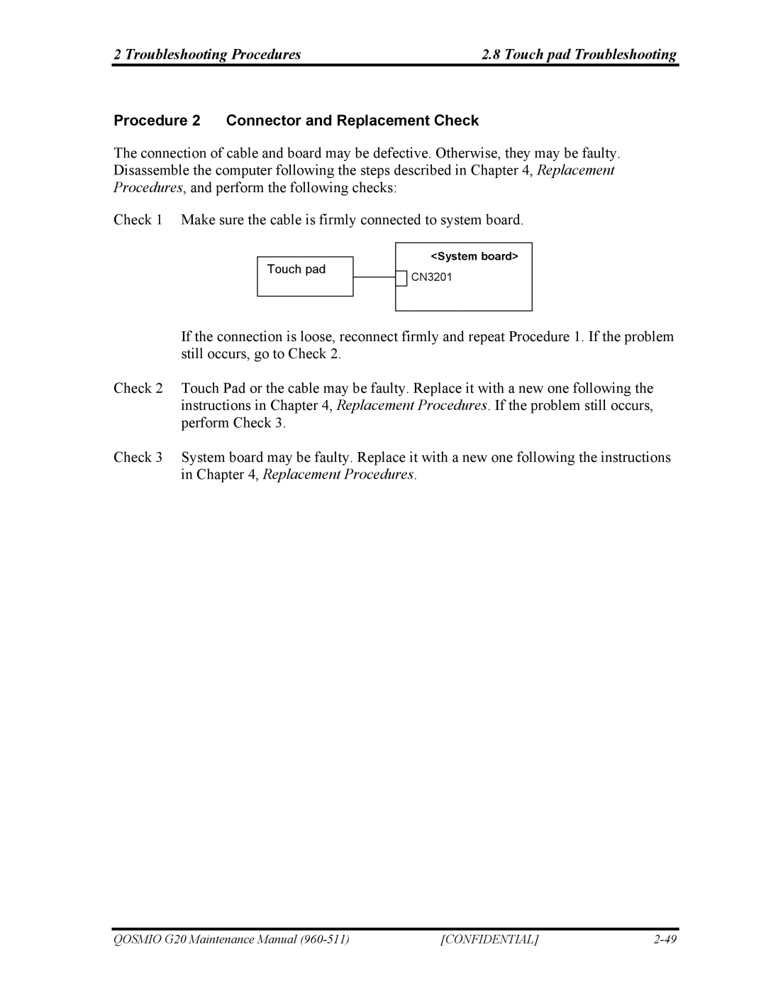 Toshiba QOSMIO G20 manual Troubleshooting Procedures Touch pad Troubleshooting 