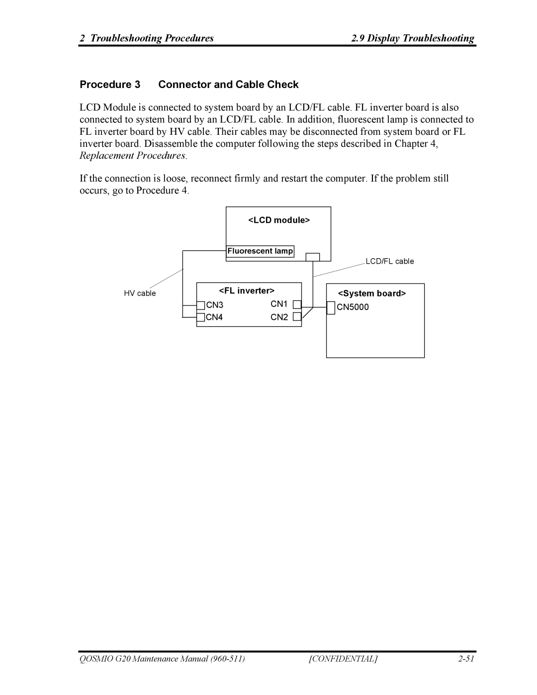 Toshiba QOSMIO G20 Troubleshooting Procedures Display Troubleshooting, Procedure 3 Connector and Cable Check, LCD module 