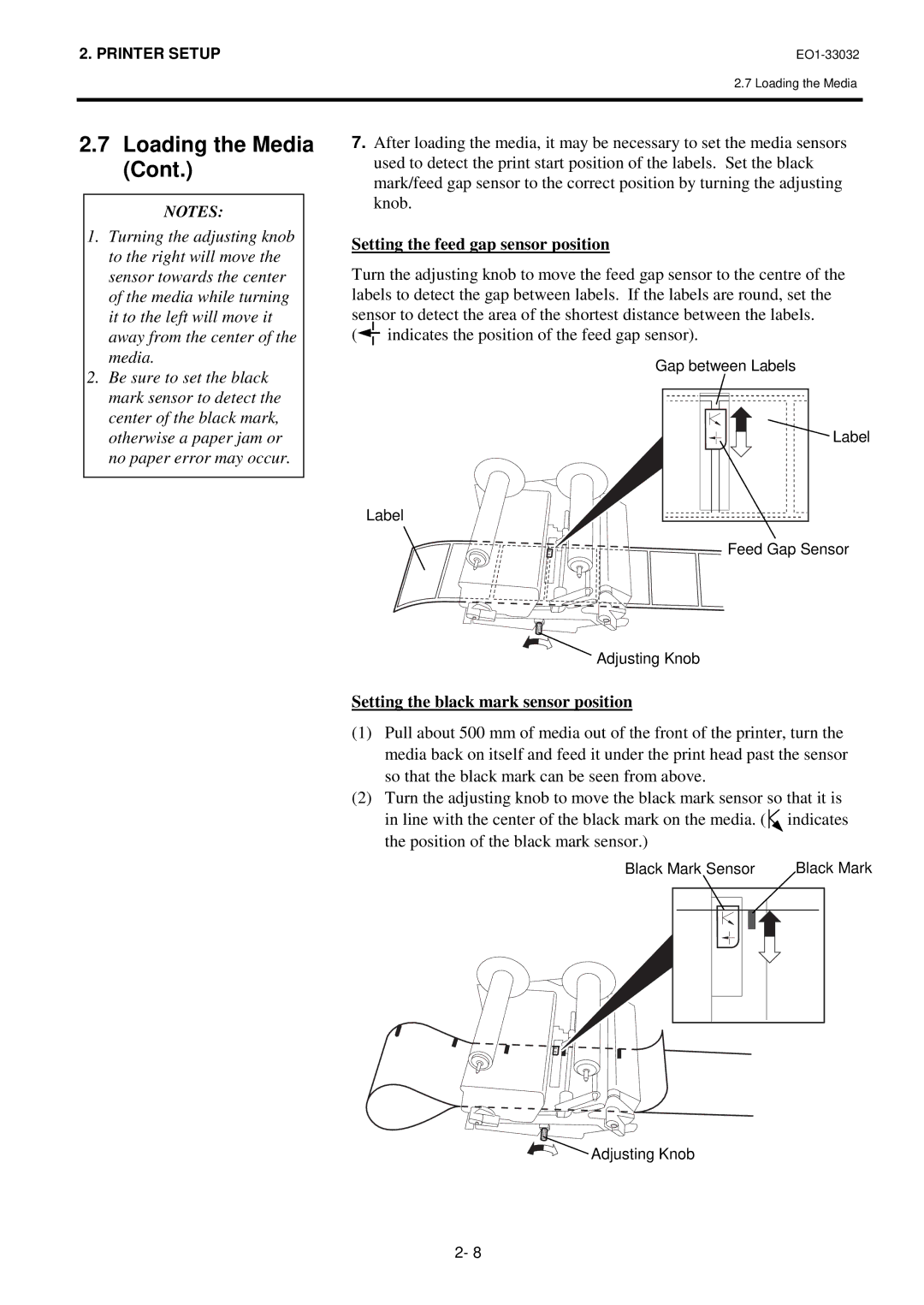 Toshiba B-492L, R-TH10 owner manual Setting the feed gap sensor position, Setting the black mark sensor position 