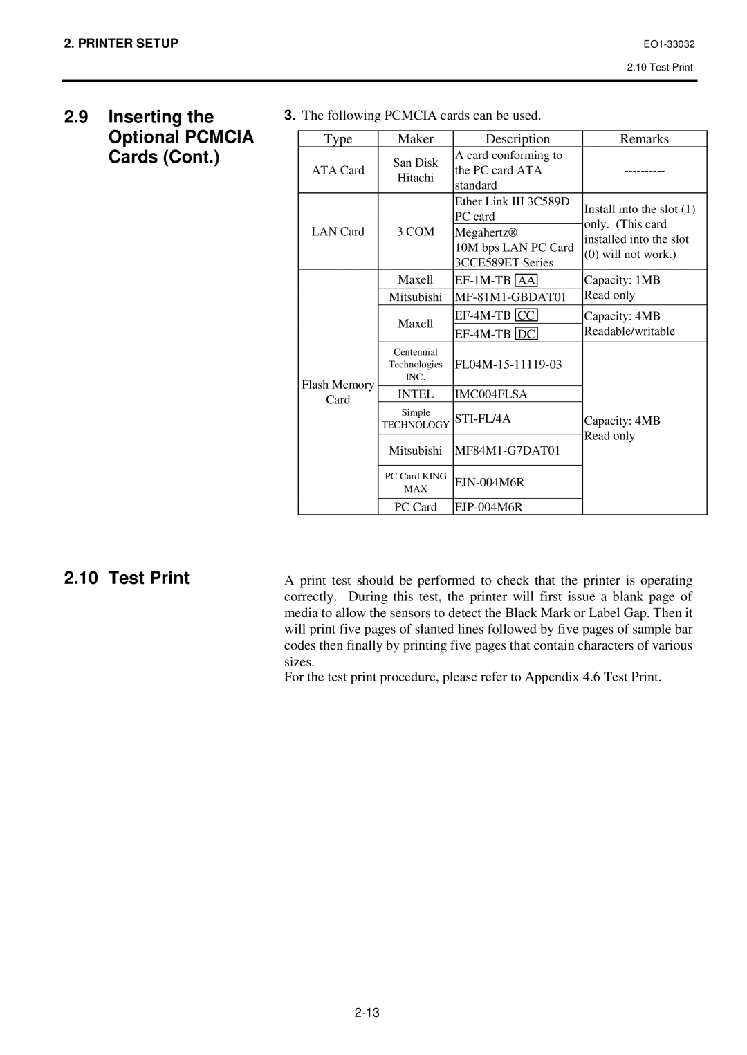 Toshiba R-TH10, B-492L owner manual Test Print, Inserting the Optional Pcmcia Cards 