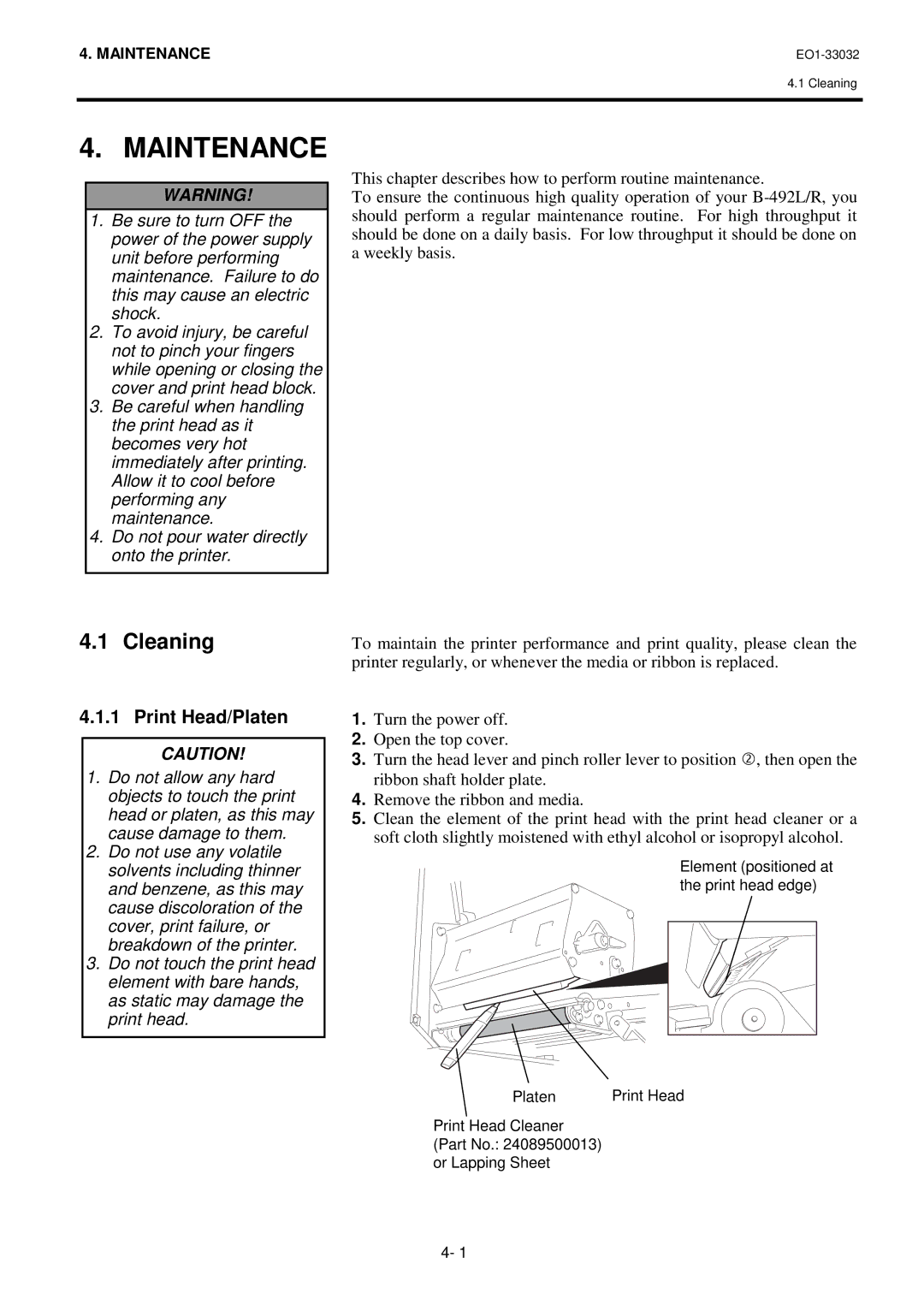 Toshiba B-492L, R-TH10 owner manual Maintenance, Cleaning, Print Head/Platen 