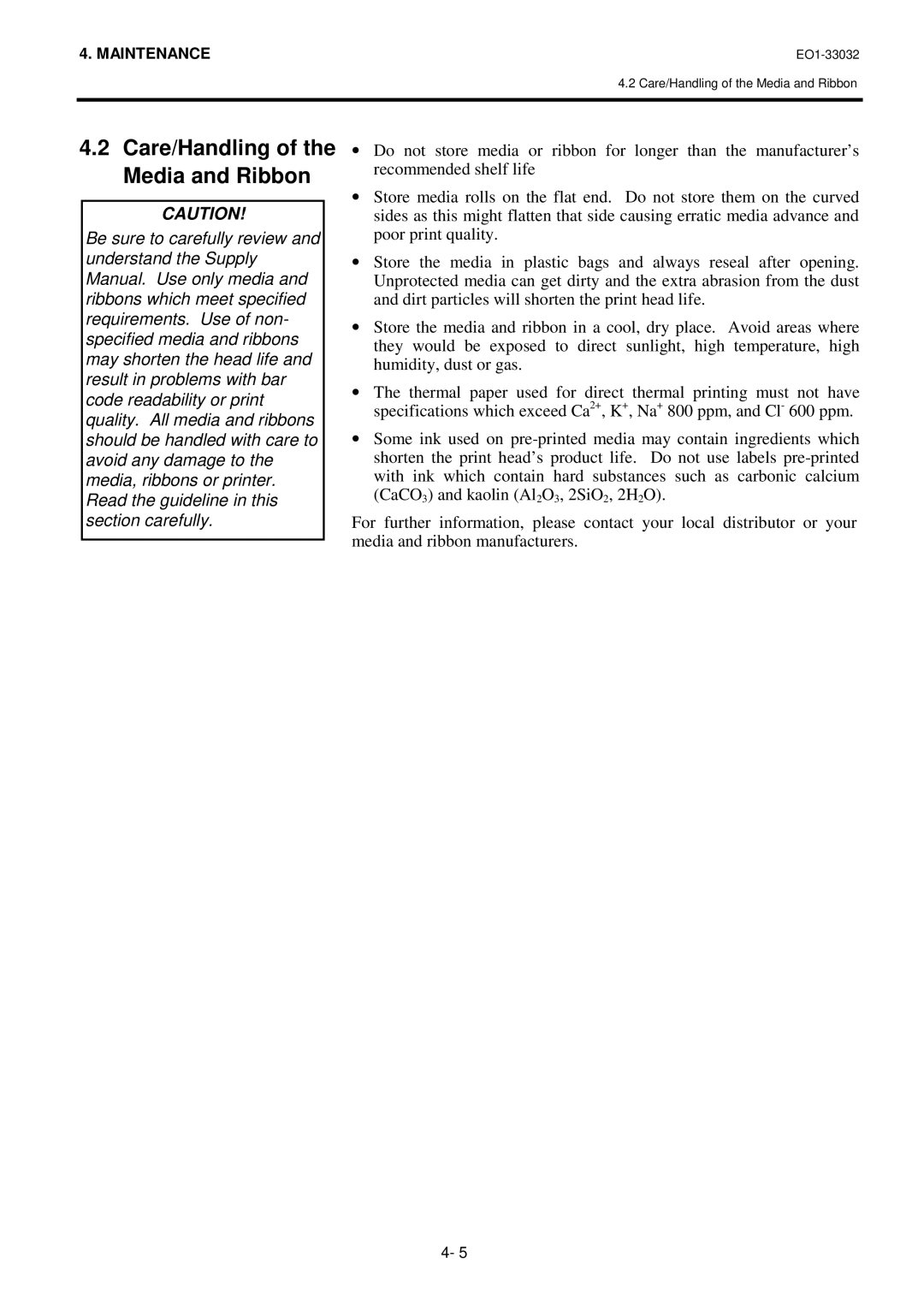 Toshiba B-492L, R-TH10 owner manual Care/Handling of the Media and Ribbon 