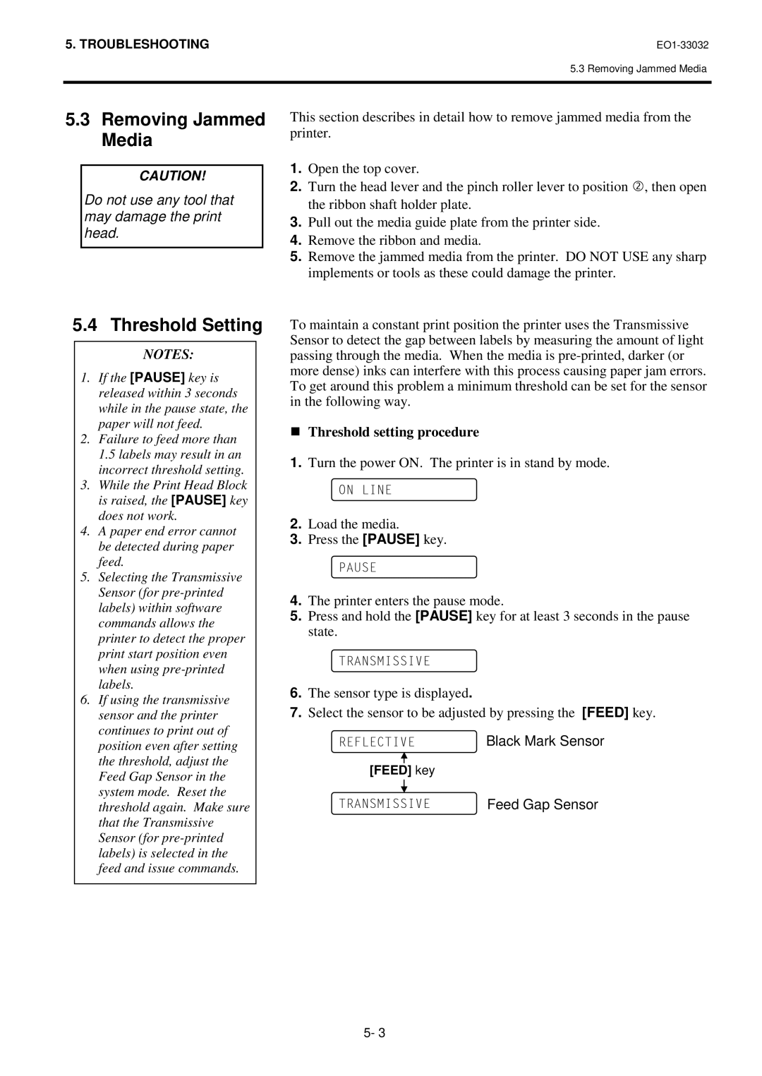 Toshiba R-TH10, B-492L owner manual Removing Jammed Media, Threshold Setting 