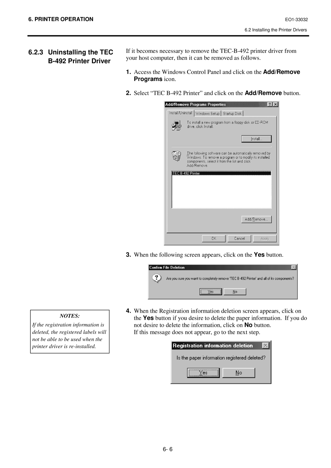 Toshiba B-492L, R-TH10 owner manual Uninstalling the TEC B-492 Printer Driver 