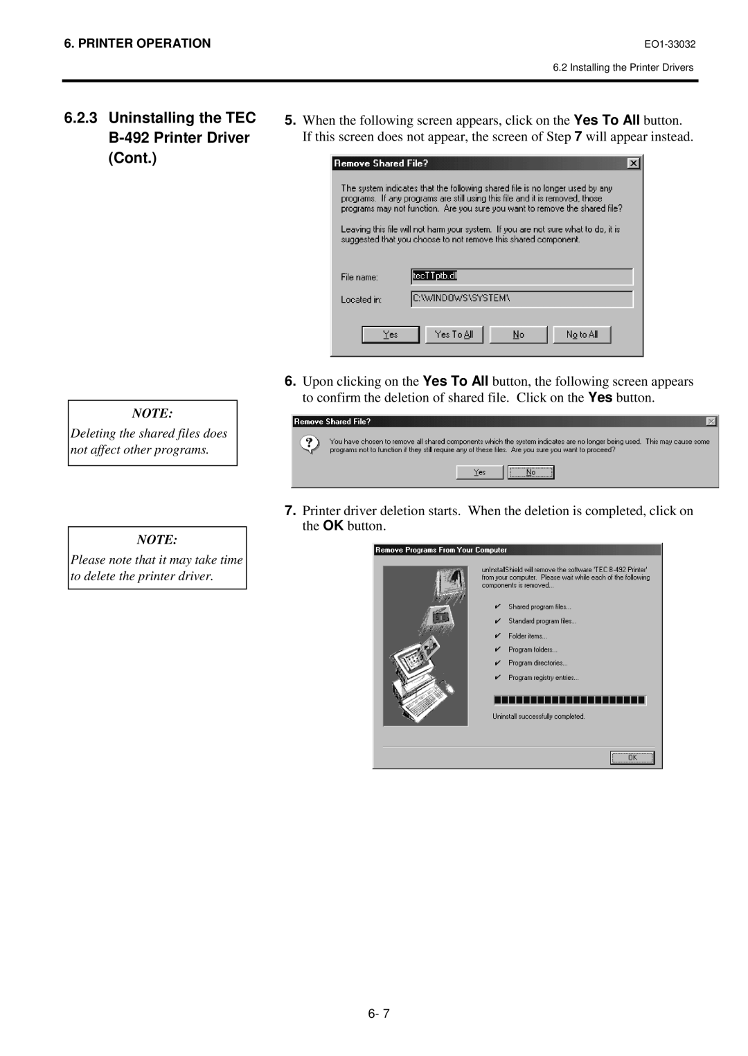 Toshiba R-TH10, B-492L owner manual Uninstalling the TEC B-492 Printer Driver 