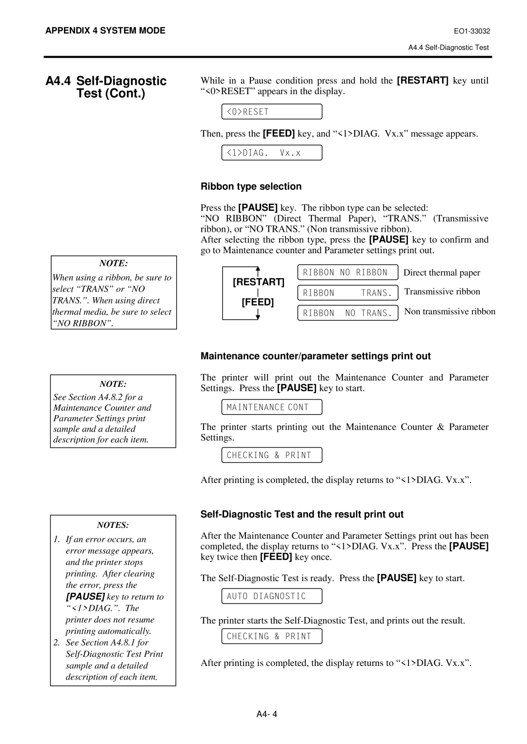 Toshiba R-TH10, B-492L A4.4 Self-Diagnostic, Test, Ribbon type selection, Maintenance counter/parameter settings print out 