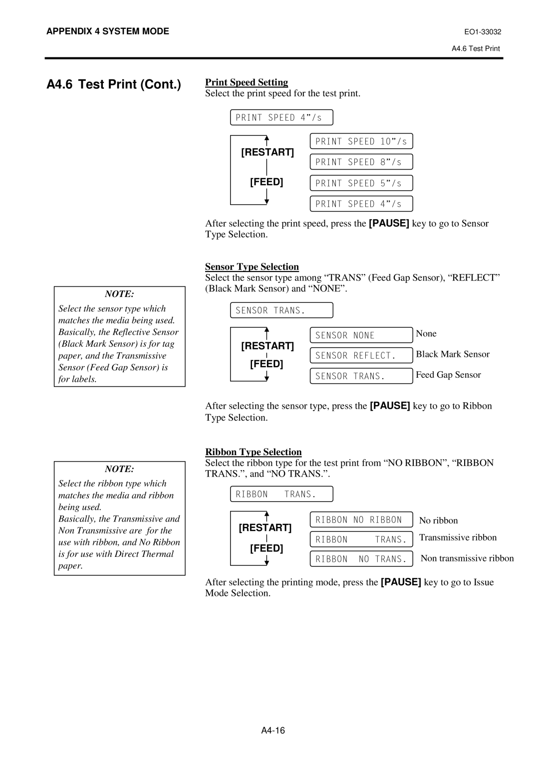 Toshiba R-TH10, B-492L owner manual Print Speed Setting, Sensor Type Selection, Ribbon Type Selection 