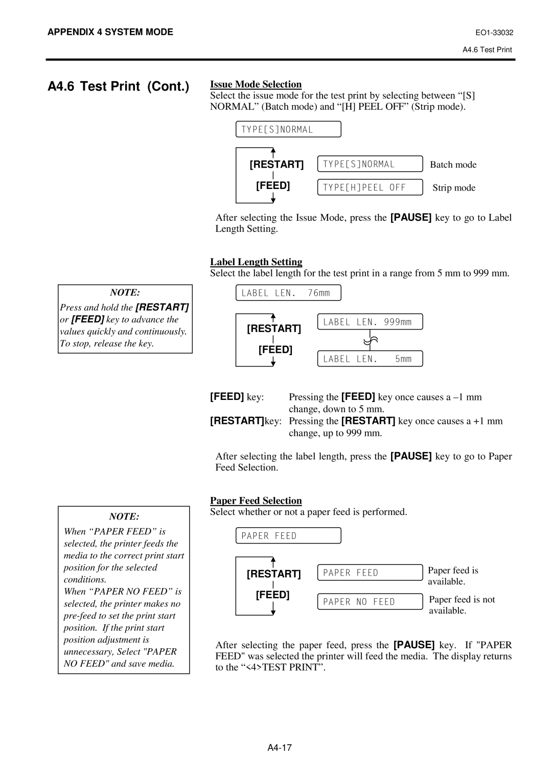 Toshiba B-492L, R-TH10 owner manual Issue Mode Selection, Label Length Setting 