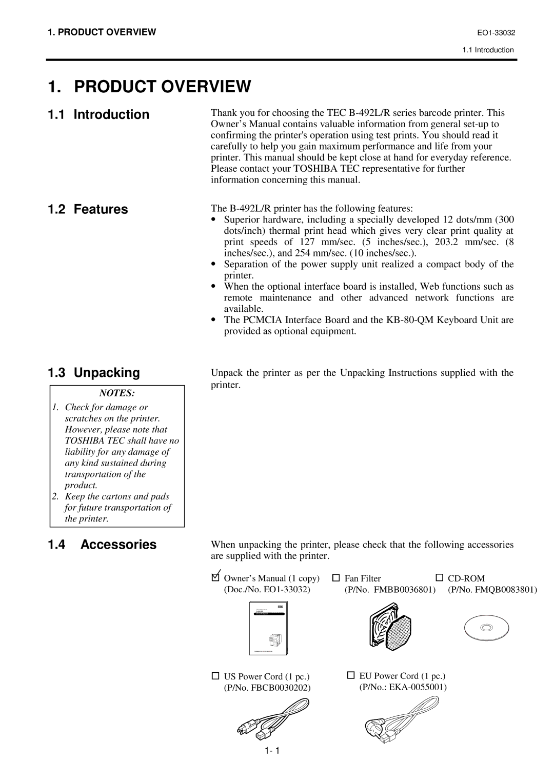 Toshiba B-492L, R-TH10 owner manual Product Overview, Introduction Features, Unpacking, Accessories 