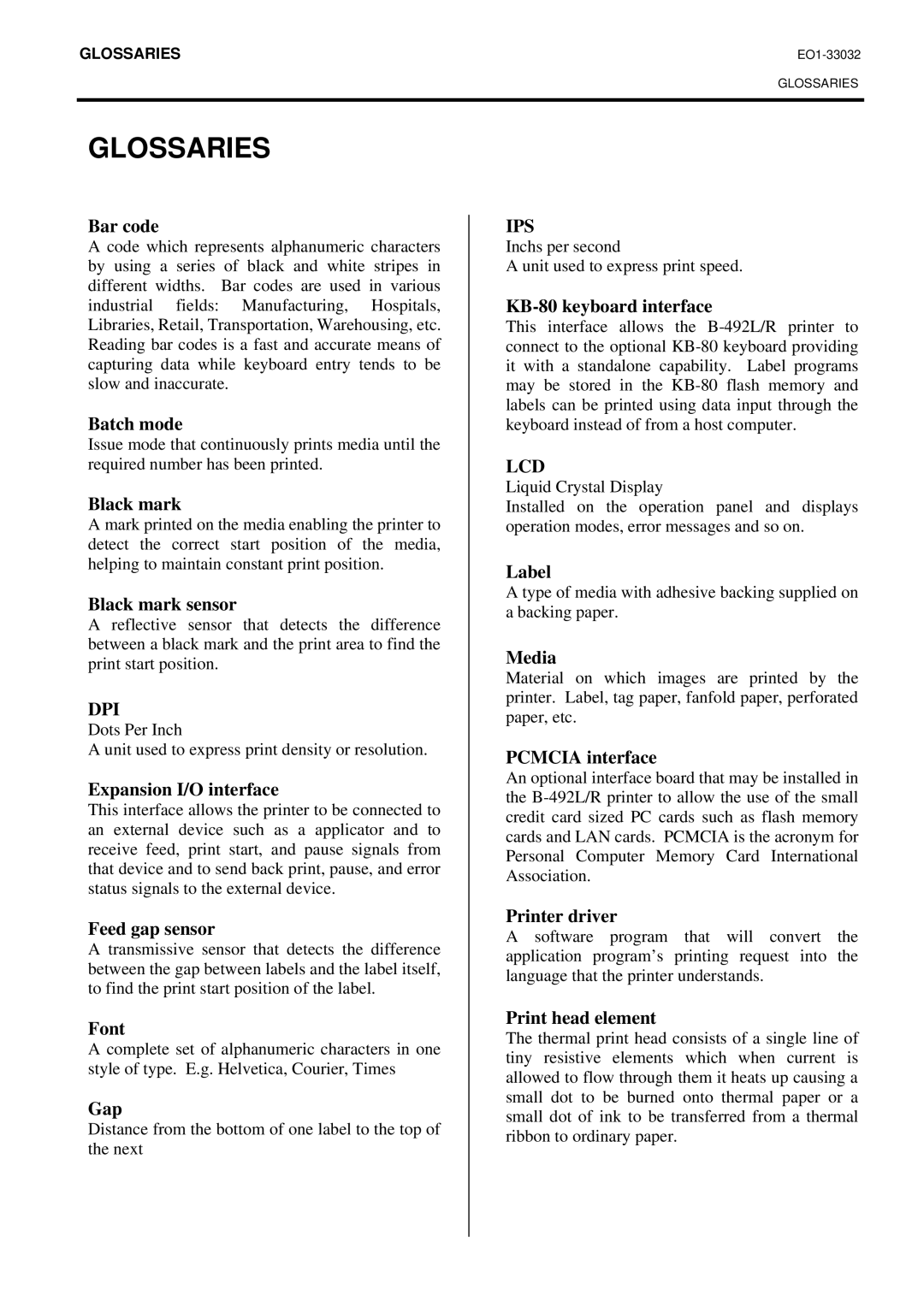 Toshiba B-492L, R-TH10 owner manual Glossaries 