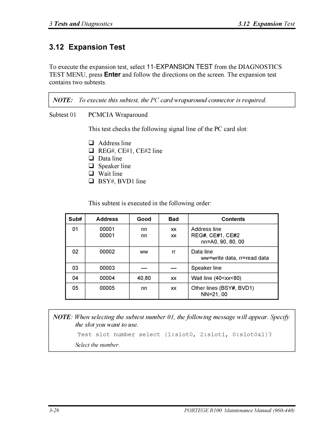 Toshiba R100 manual Expansion Test, Sub# Address Good Bad Contents 