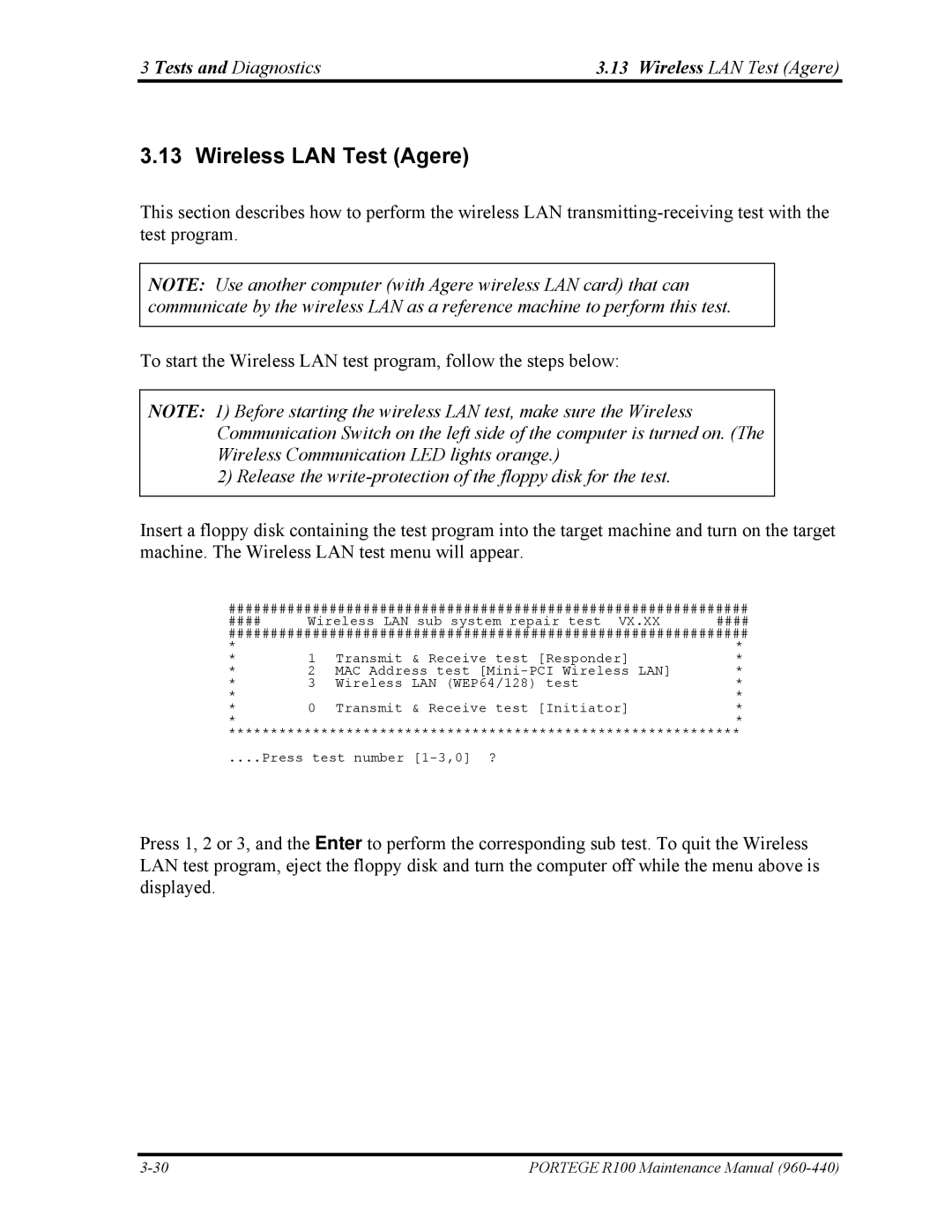 Toshiba R100 manual Tests and Diagnostics Wireless LAN Test Agere 