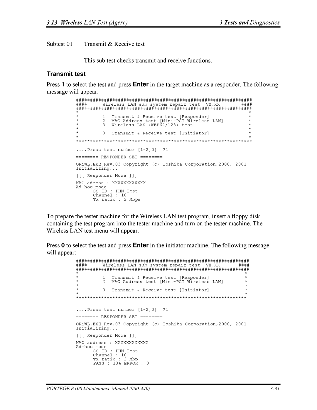 Toshiba R100 manual Wireless LAN Test Agere Tests and Diagnostics, Transmit test 