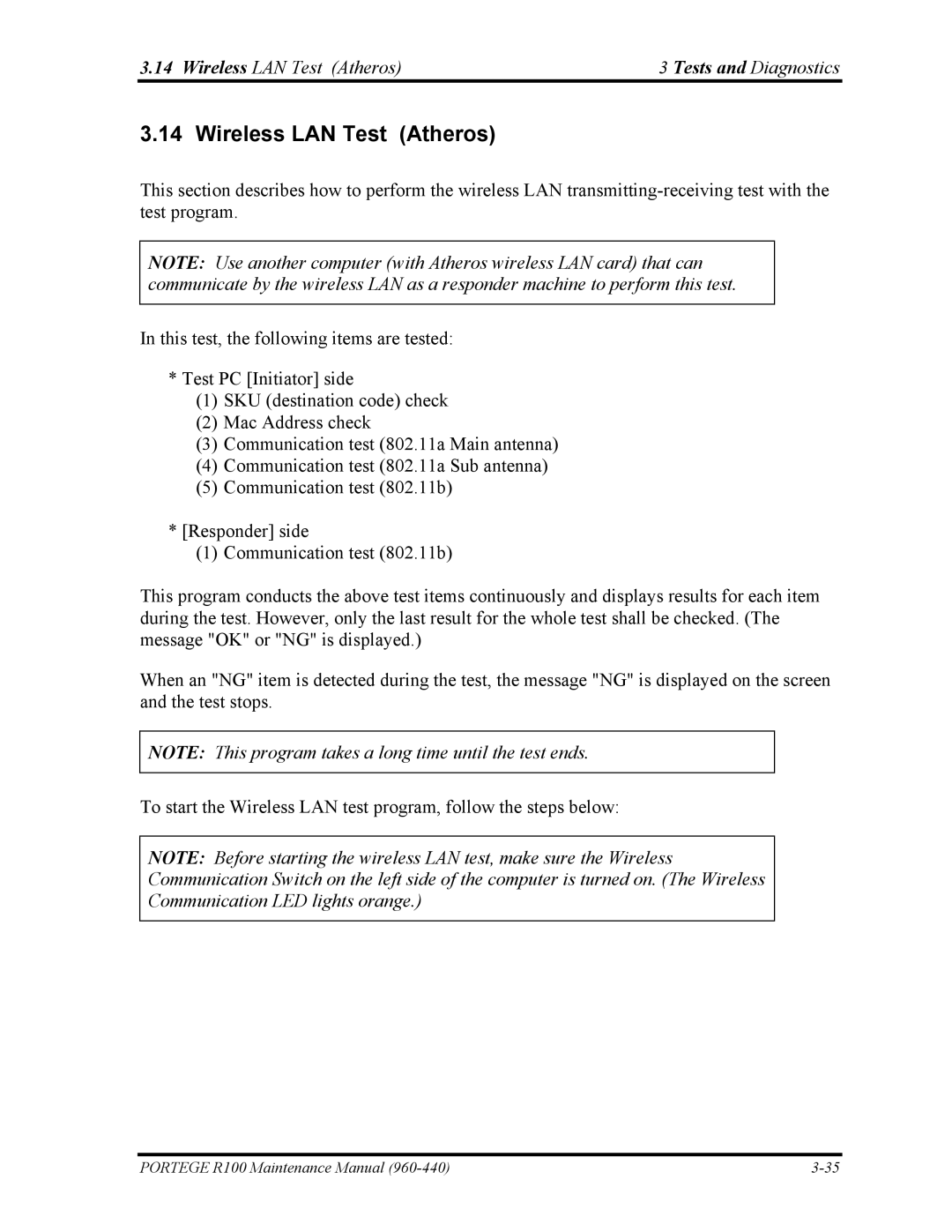 Toshiba R100 manual Wireless LAN Test Atheros Tests and Diagnostics 