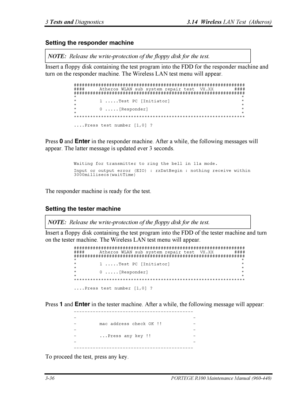 Toshiba R100 Tests and Diagnostics Wireless LAN Test Atheros, Setting the responder machine, Setting the tester machine 