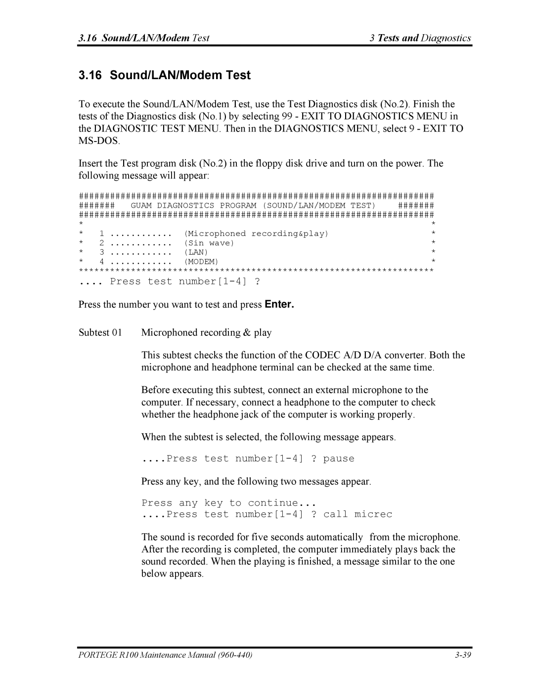 Toshiba R100 manual Sound/LAN/Modem Test 