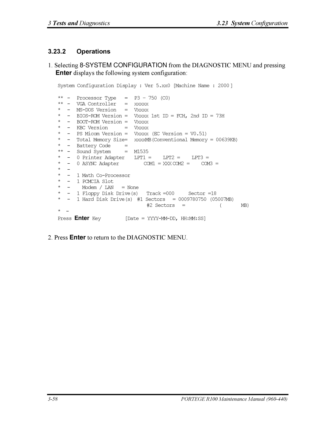 Toshiba R100 manual Tests and Diagnostics System Configuration, Operations 