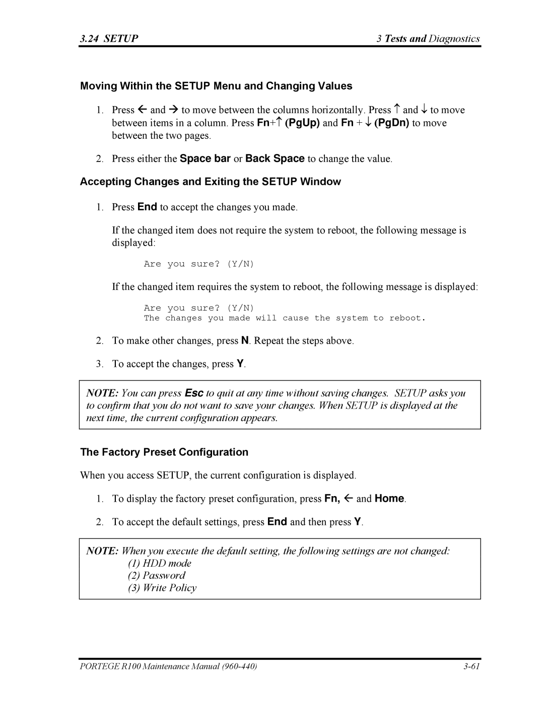 Toshiba R100 manual Moving Within the Setup Menu and Changing Values, Accepting Changes and Exiting the Setup Window 