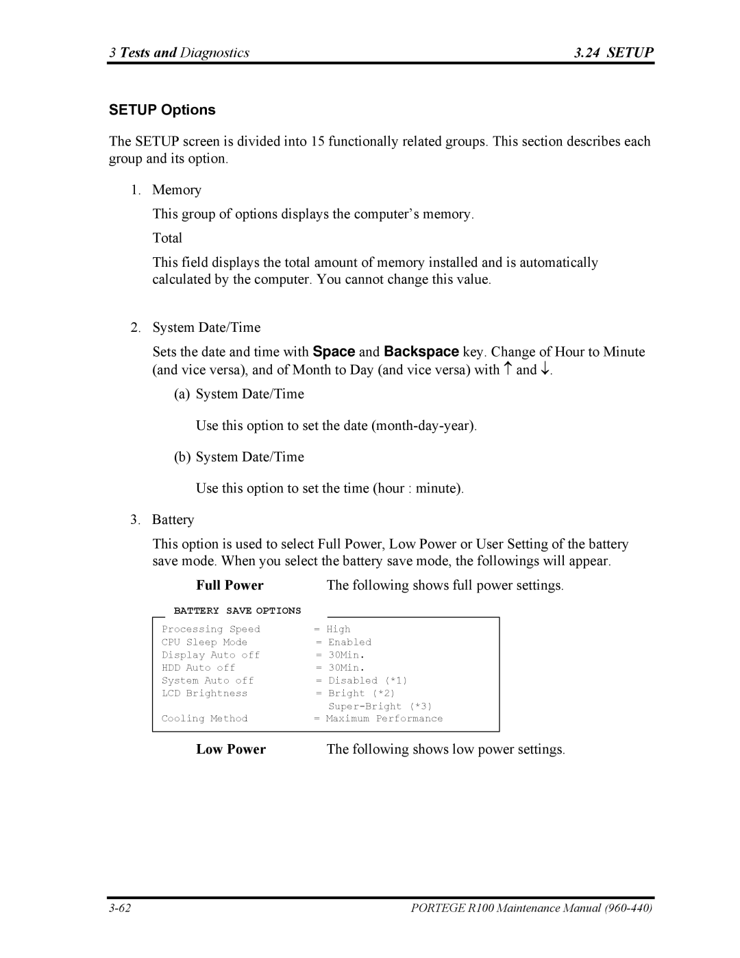 Toshiba R100 manual Setup Options, Full Power 