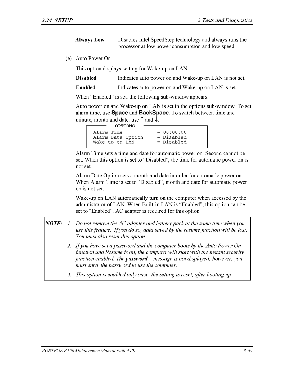 Toshiba R100 manual Indicates auto power on and Wake-up on LAN is not set 