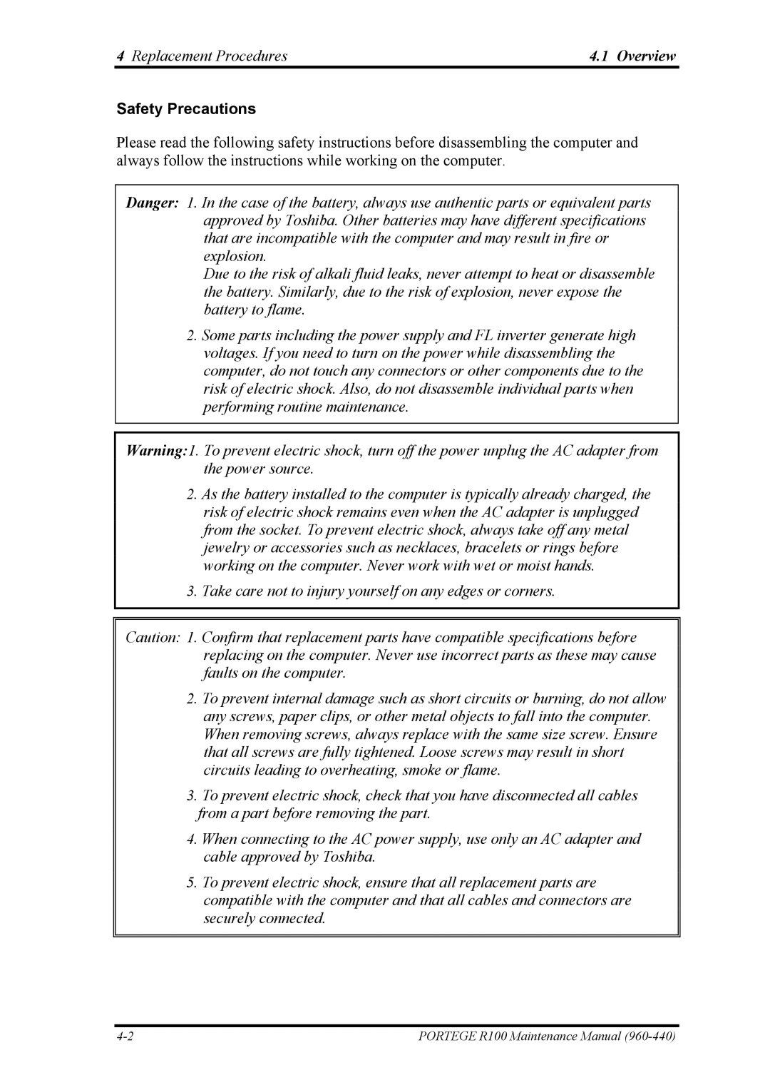 Toshiba R100 manual Safety Precautions 