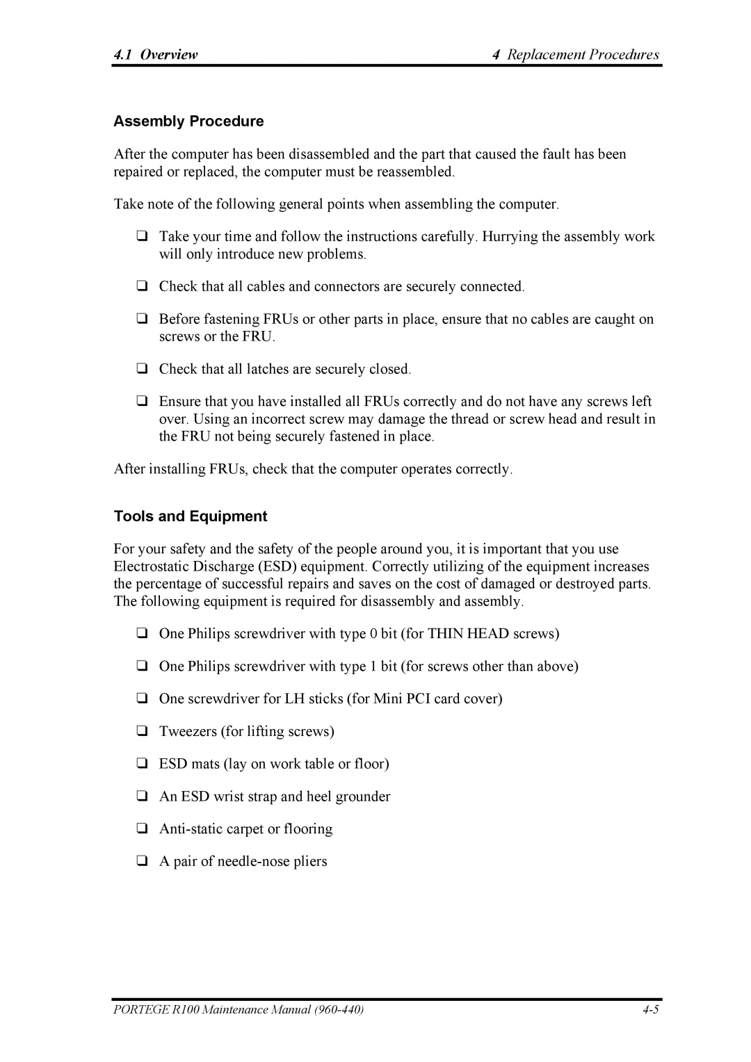 Toshiba R100 manual Assembly Procedure, Tools and Equipment 