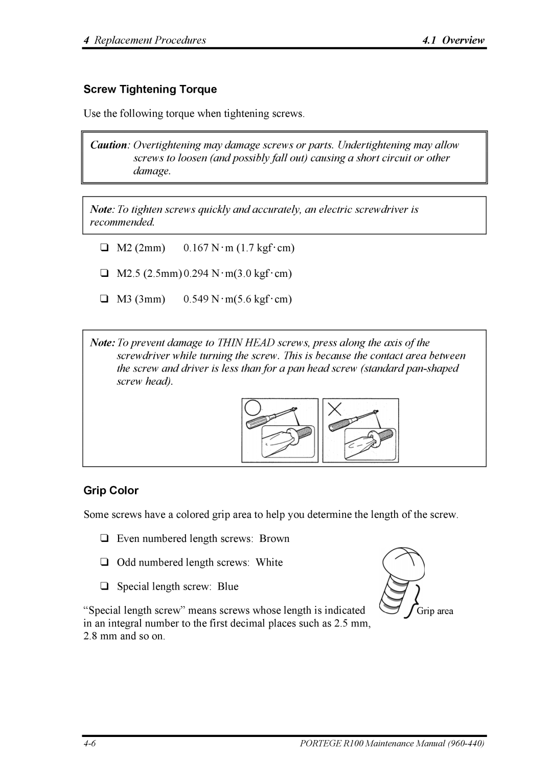 Toshiba R100 manual Screw Tightening Torque, Grip Color 