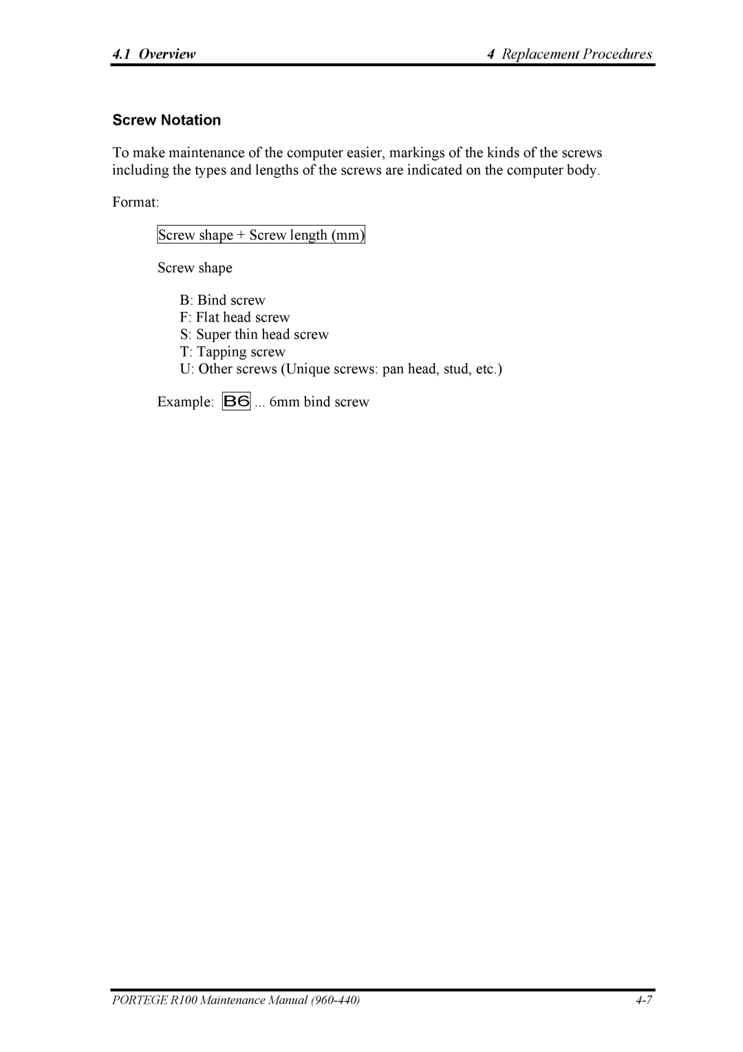 Toshiba R100 manual Screw Notation 