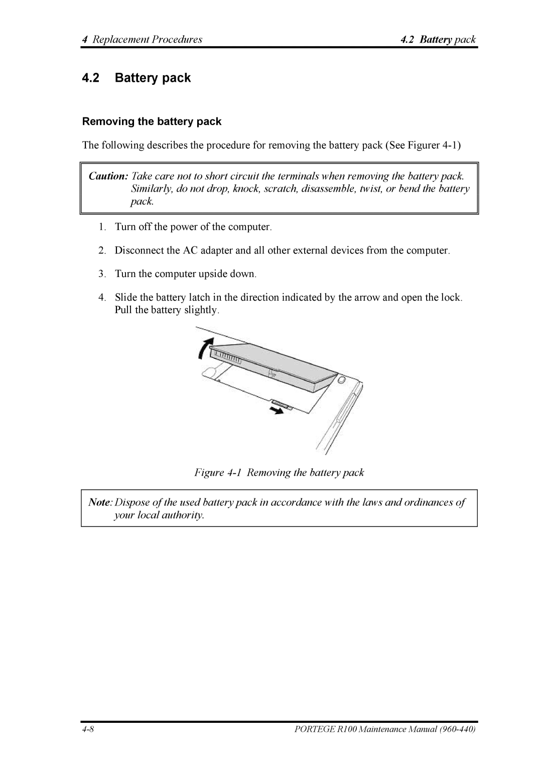 Toshiba R100 manual Battery pack, Removing the battery pack 