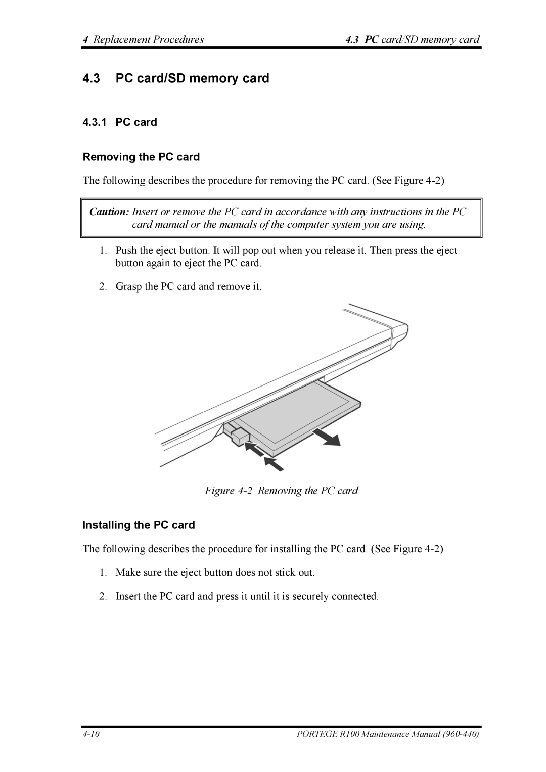 Toshiba R100 manual PC card/SD memory card, PC card Removing the PC card, Installing the PC card 