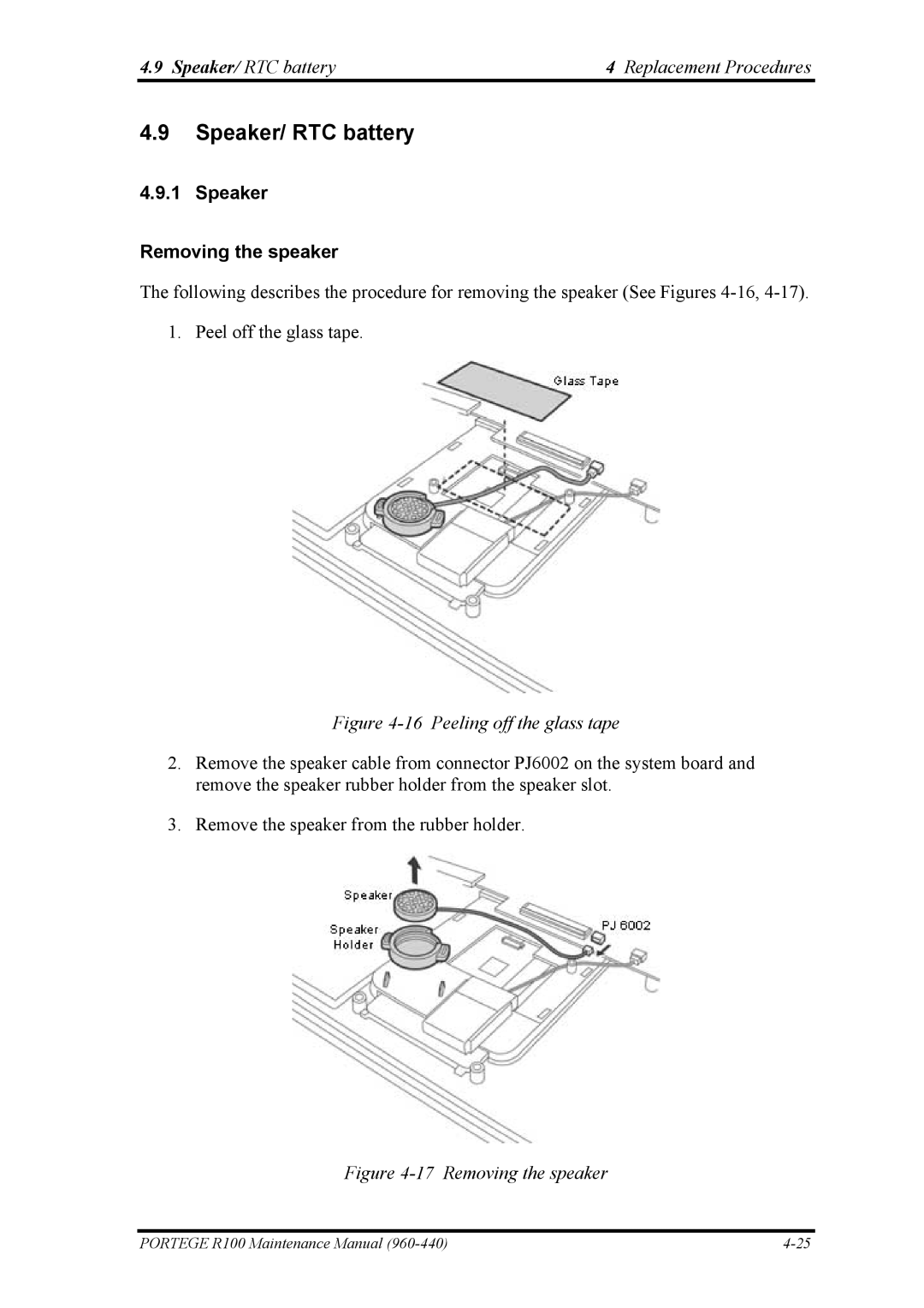 Toshiba R100 manual Speaker/ RTC battery, Speaker Removing the speaker 