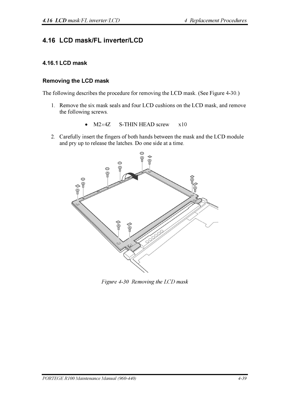 Toshiba R100 manual LCD mask/FL inverter/LCD Replacement Procedures, LCD mask Removing the LCD mask 