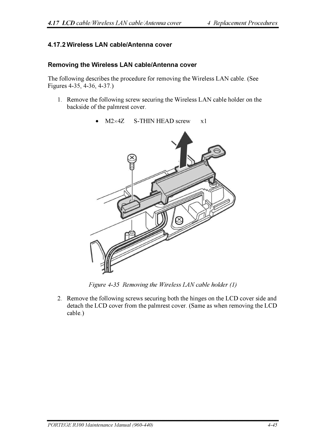 Toshiba R100 manual Removing the Wireless LAN cable holder 