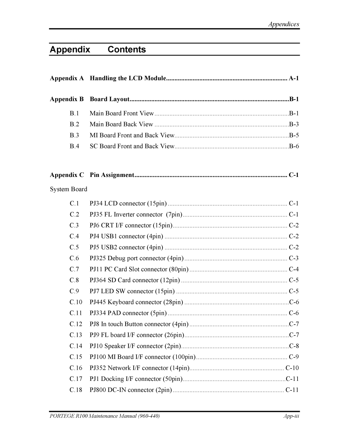 Toshiba R100 manual Appendix Contents 