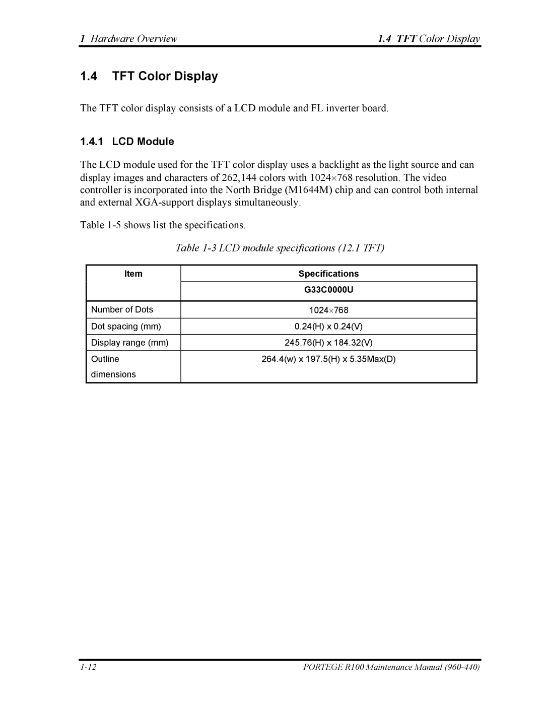 Toshiba R100 manual TFT Color Display, LCD Module, LCD module specifications 12.1 TFT 