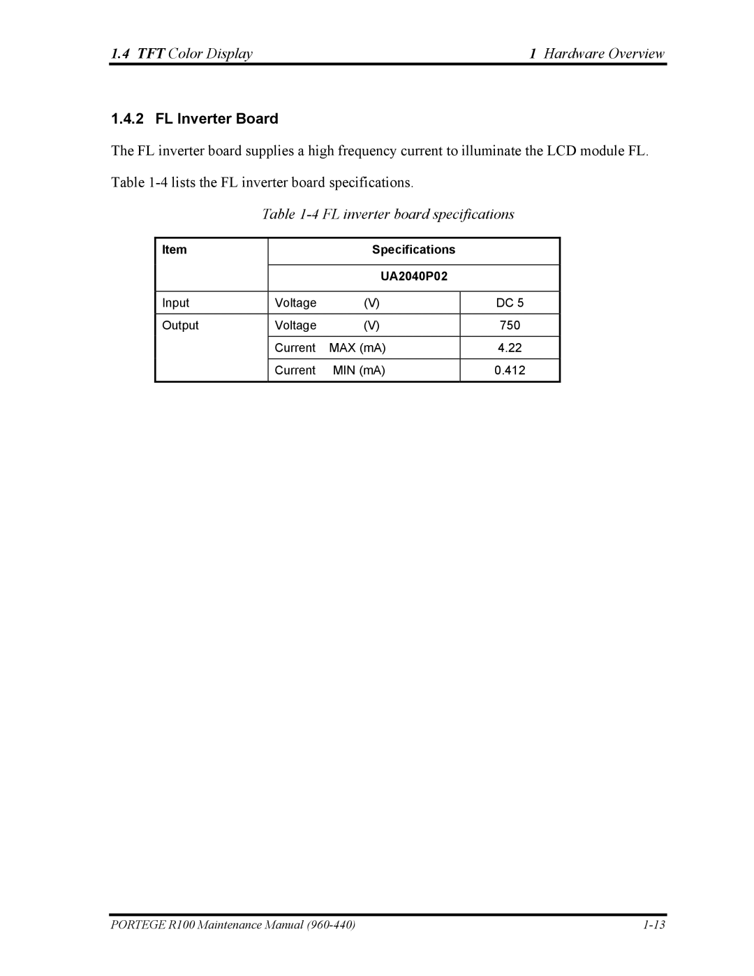 Toshiba R100 manual FL Inverter Board, FL inverter board specifications 