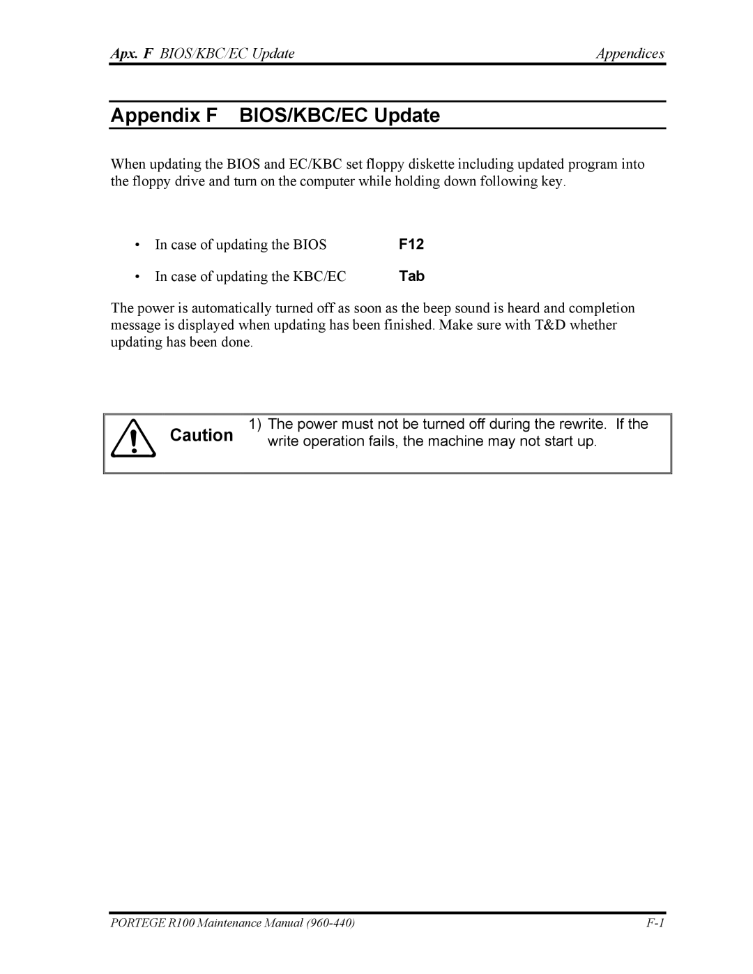 Toshiba R100 manual Apx. F BIOS/KBC/EC Update Appendices, F12 