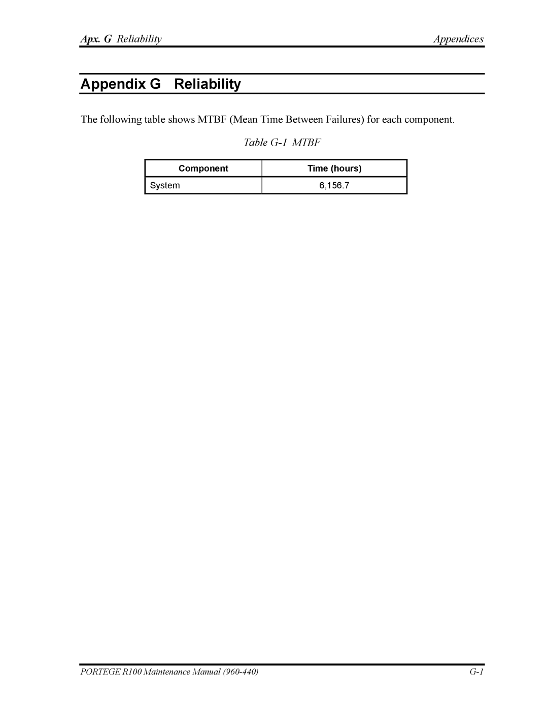 Toshiba R100 manual Appendix G Reliability, Apx. G Reliability Appendices 