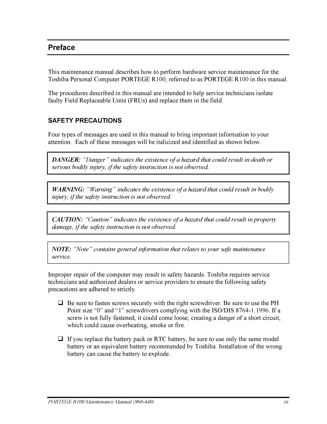 Toshiba R100 manual Preface, Safety Precautions 