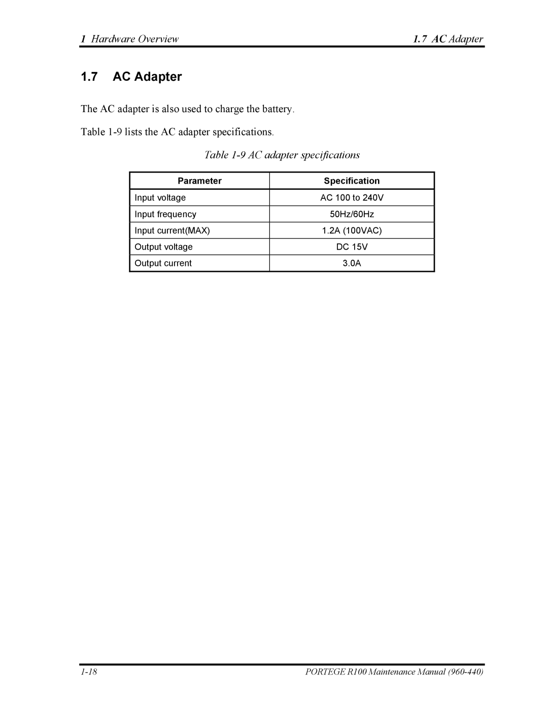 Toshiba R100 manual AC Adapter, AC adapter specifications 