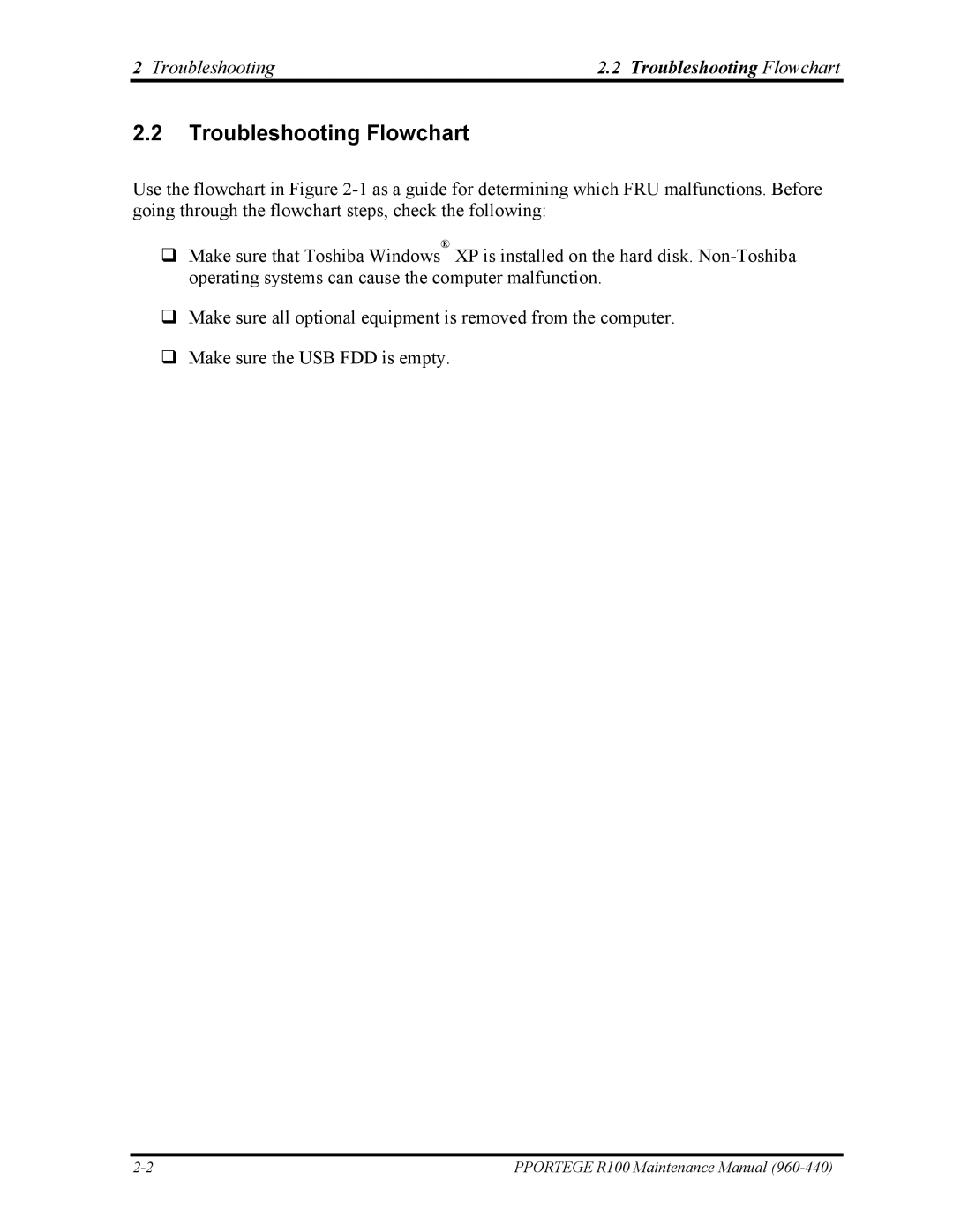 Toshiba R100 manual Troubleshooting Flowchart 